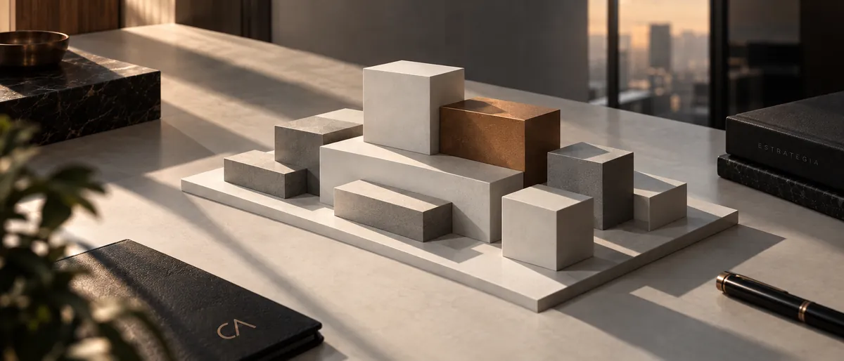 Composición de bloques geométricos con un acento en cobre, sobre un escritorio, representando estructura corporativa