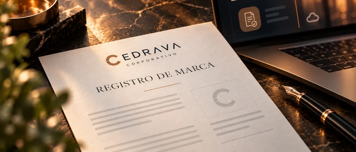 Título de registro de marca sobre un escritorio, junto a un sello notarial y una pluma fuente